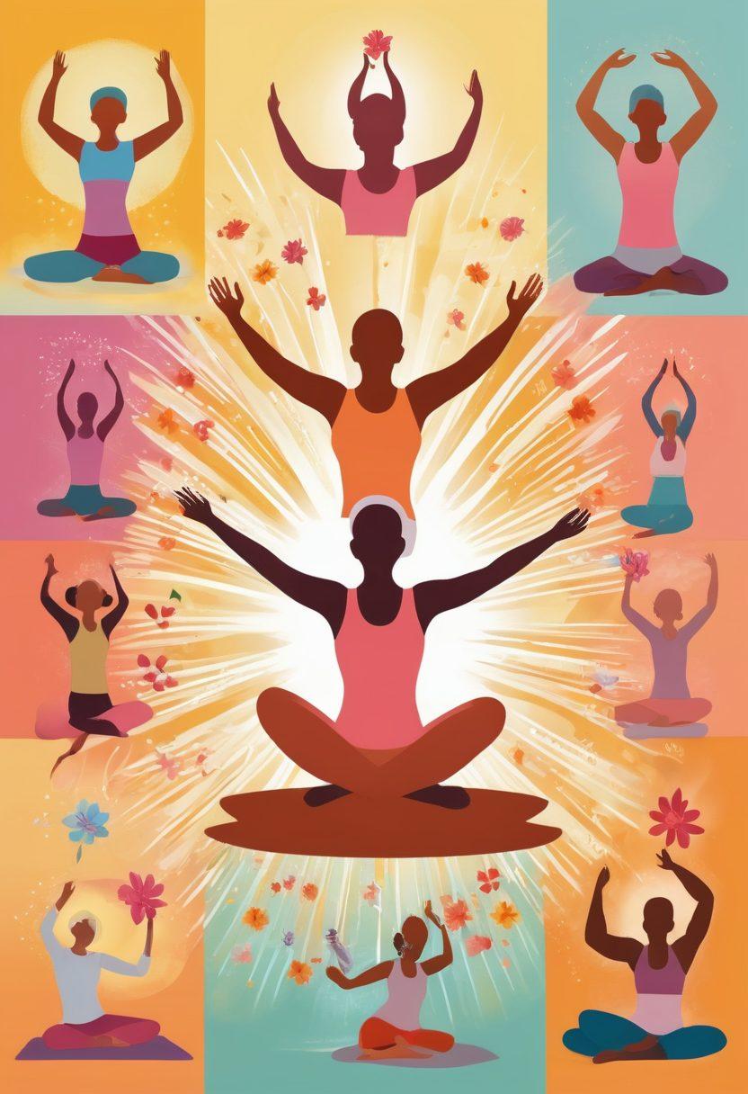 A collage depicting a diverse group of triumphant cancer survivors sharing their stories, radiating joy and resilience. In the background, visual representations of wellness strategies like yoga, healthy food, and support groups are subtly blended in. Bright light symbolizes hope and perseverance, while soft, warm colors create an uplifting atmosphere. Vibrant illustrations of flowers represent growth and renewal. vector art. vibrant colors.