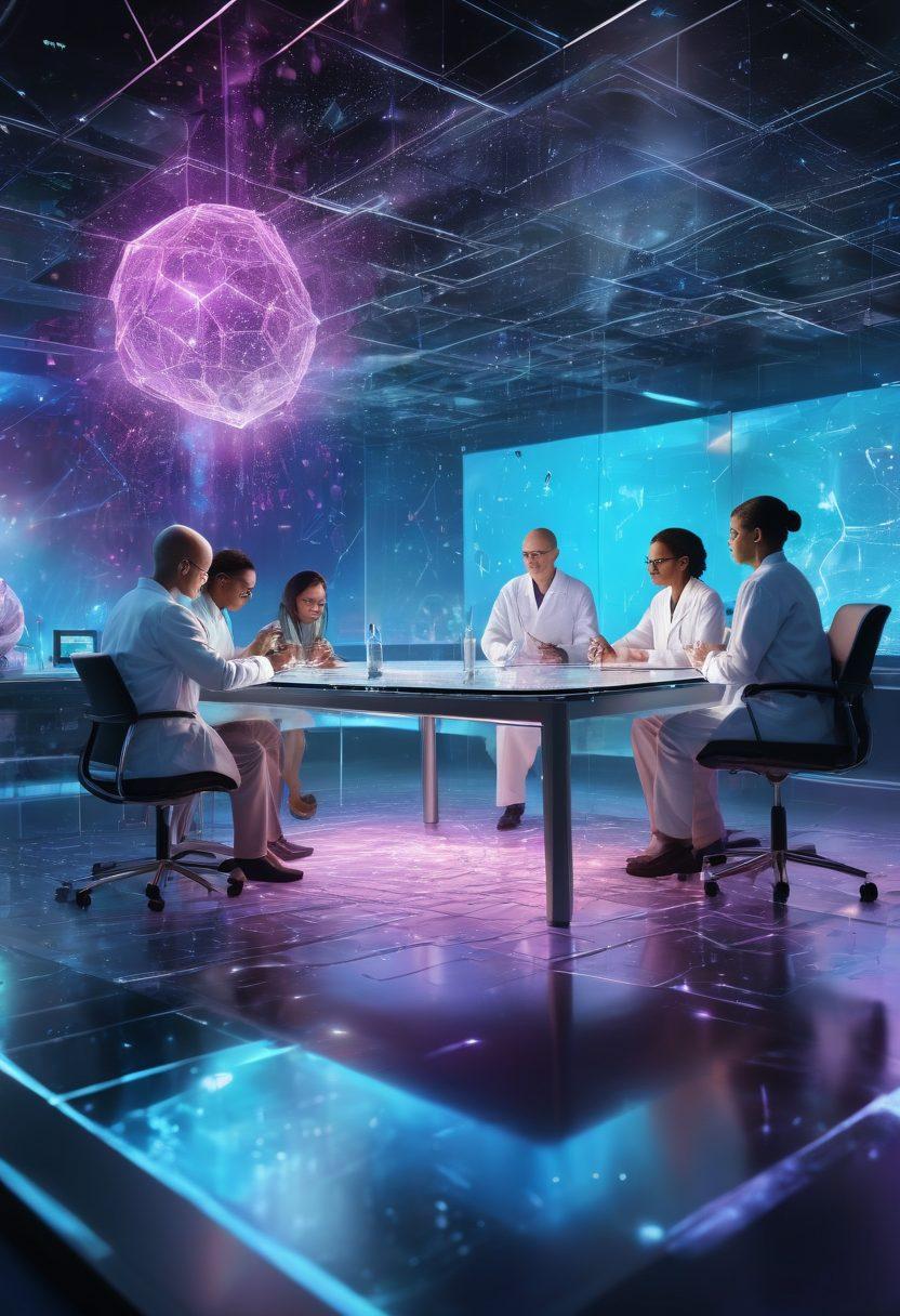 A symbolic representation of a diverse group of researchers collaborating around a table, surrounded by floating holograms of innovative cancer treatments and molecular structures, with a backdrop of breaking barriers like shattered glass. The atmosphere should convey unity, hope, and scientific advancement, with vibrant colors highlighting the innovations. super-realistic. vibrant colors. high-tech ambiance.